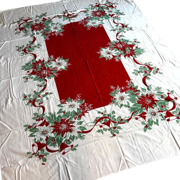 Vintage mid century Christmas tablecloth cotton print rectangle red white FLAWS - Picture 2 of 10